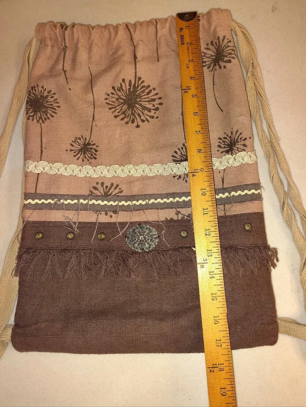 VO-HO Boho Dandelion Drawstring Backpack – Mauve & Chocolate Cotton Linen Cinch
